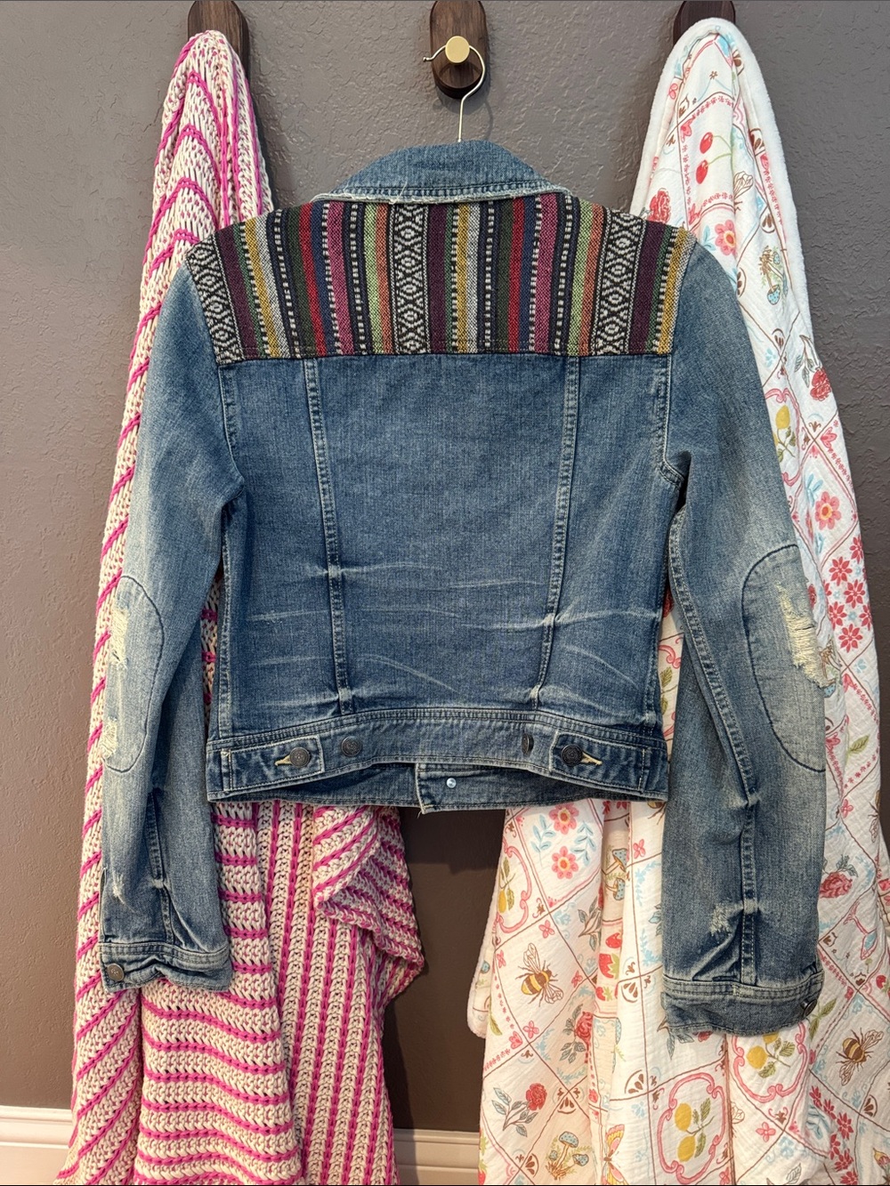 Free People Blue Denim Jacket with Multicolor Aztec Trim - Picture 2 of 3